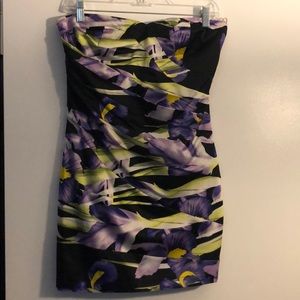 Black/Purple/Green floral mini strapless dress